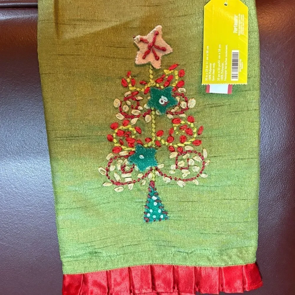 Pier One Imports Festive Green embellished Christmas Tree Tea Towel NWT